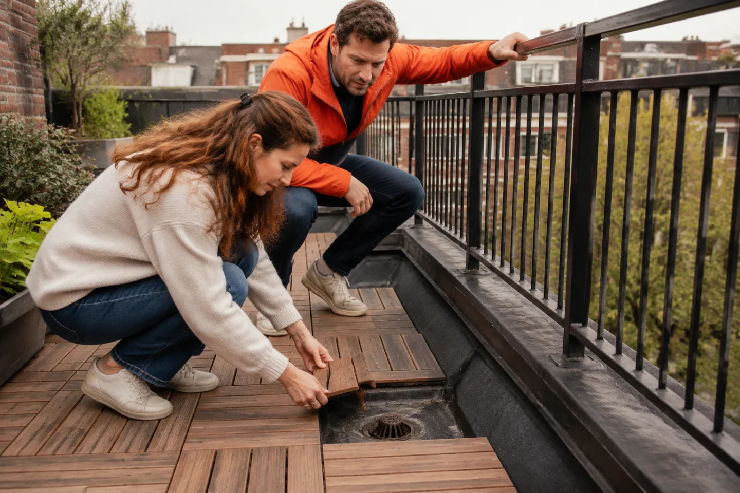 Bewoners tillen een houten terrastegel op om de dakafvoer te controleren